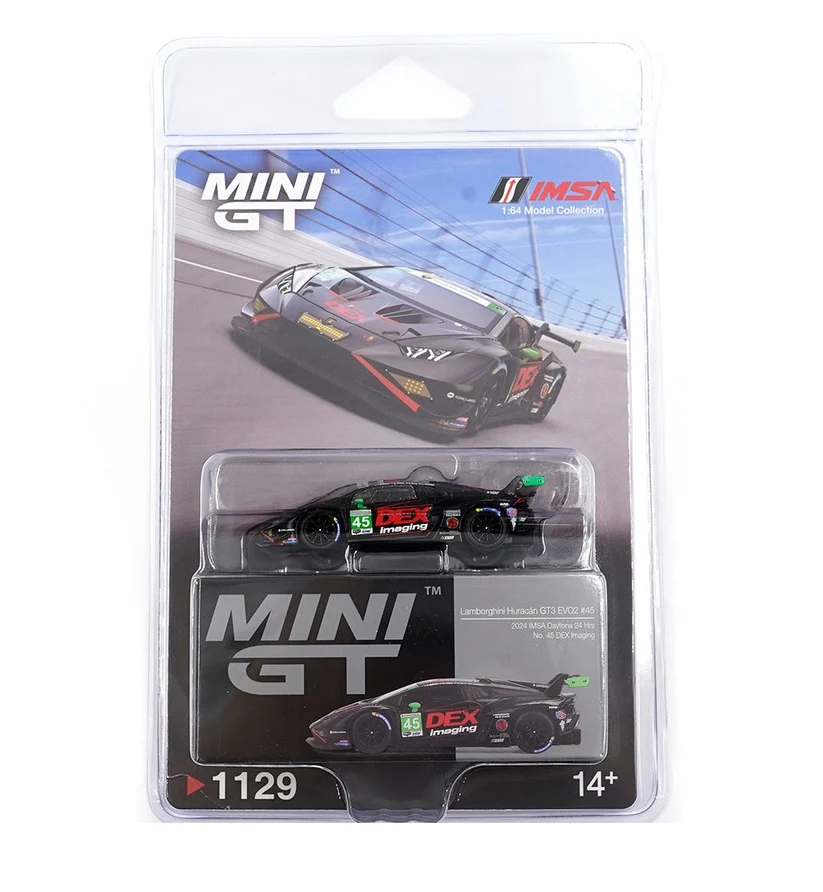 LamborghiniHuracanGT3EVO2_45No.45DEXImaging-MiniGT-Scala1-64MGT01129-BLBlisterPackagingfoto1 Machetă Mini GT Lamborghini Huracán GT3 EVO2 #45 DEX Imaging MGT01129-BL