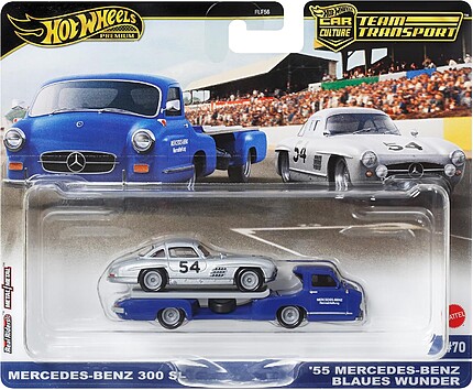 Hot Wheels Mercedes-Benz 300 SL și Blaues Wunder Team Transport HRV48 1:64